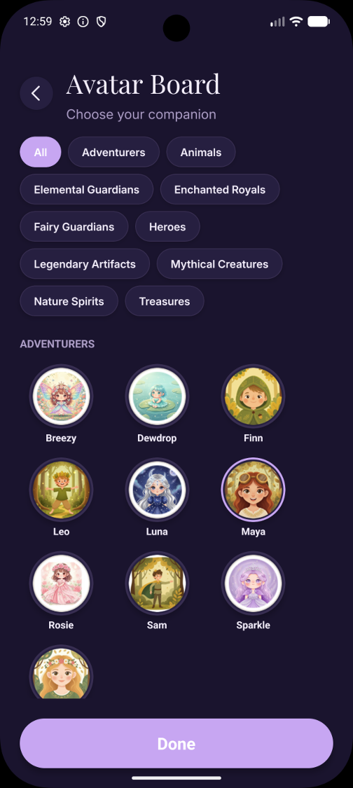 Kid chore app avatar board in dark mode with companion characters to unlock