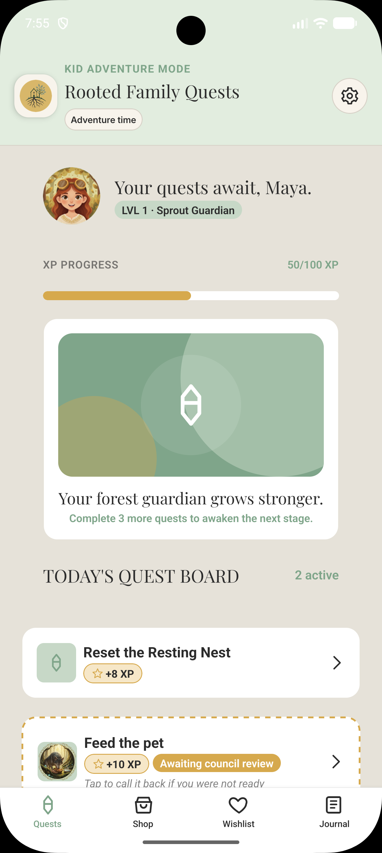 Rooted Family kid quest board screenshot